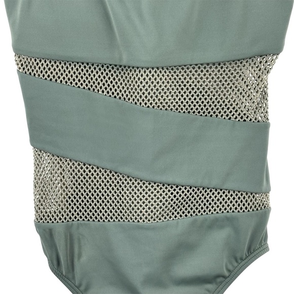 Carmen Marc Valvo One piece Olive Green Mesh Stripe panels Size 6 Summer Beach - Picture 3 of 13